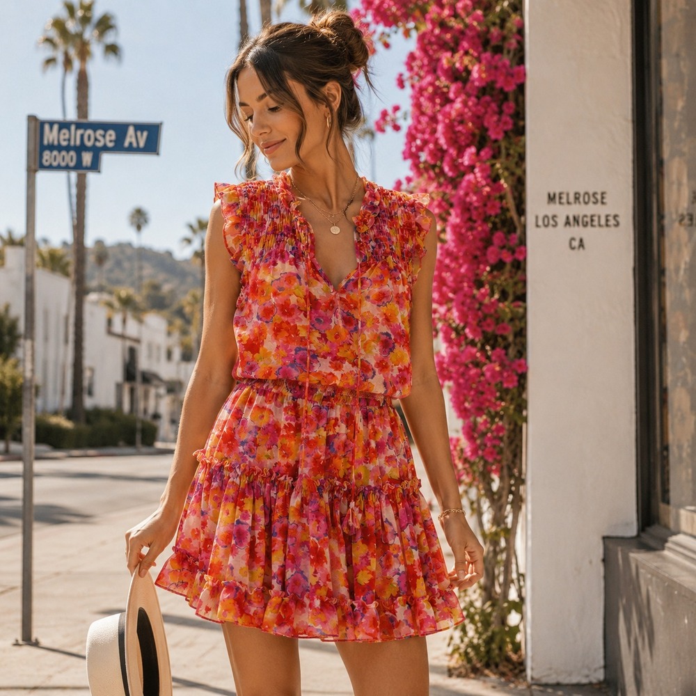 MISA Los Angeles Floral Mini Dress Sz M Pink Orange Smocked Ruffle Boho Chic